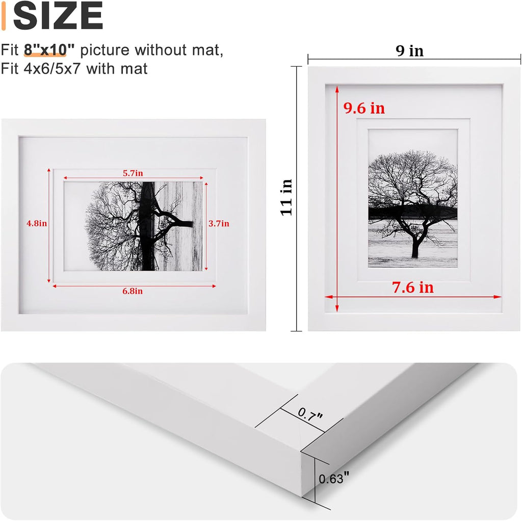 8x10 Picture Frames Set of 4, Made of Solid Wood Covered by Plexiglass 4x6 and 5x7 with Mat or 8x10 without Mat, for