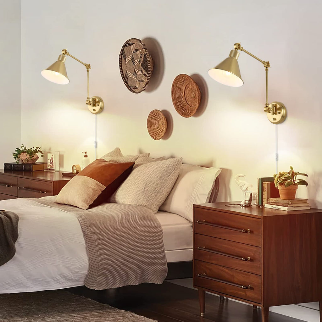 Wall Sconces Plug in, Dimmable Wall Sconces Brushed Brass Swing Arm Wall Lights Plug in Wall Mounted Light Industrial