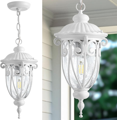 Outdoor Pendant Light Lantern, White Modern Outdoor Chandelier, Handcrafted Hanging Outdoor Lights with Seed Glass