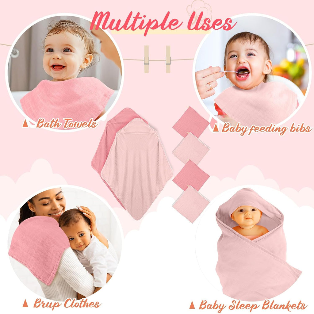 6 Pcs Muslin Hooded Baby Towels and Washcloths,Pink,Dark Pink