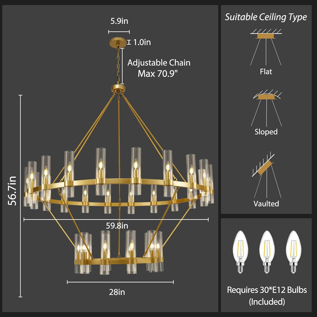 2 Tier Gold Wagon Wheel Chandelier, 60 Inch Farmhouse Chandelier with Glass Tube, 30-Light Large Round Chandeliers for Dining Room, Living Room, Bedroom and Entryway A115-B0F29HZQY8