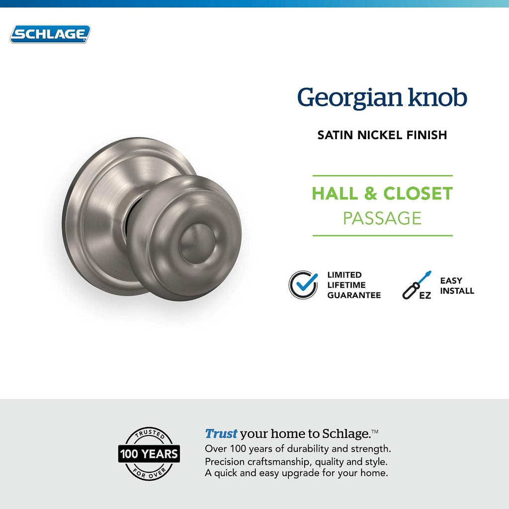 Georgian Door Knob, Hall & Closet Passage Lock, Satin Nickel