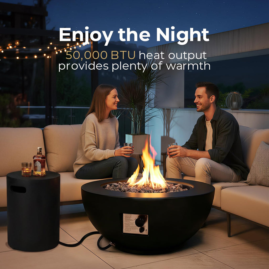 2-Piece Outdoor Propane Fire Pit Table Set w/Tank Cover Table, 31.5-inch 50, 000 BTU Black Bowl Concrete Firepit