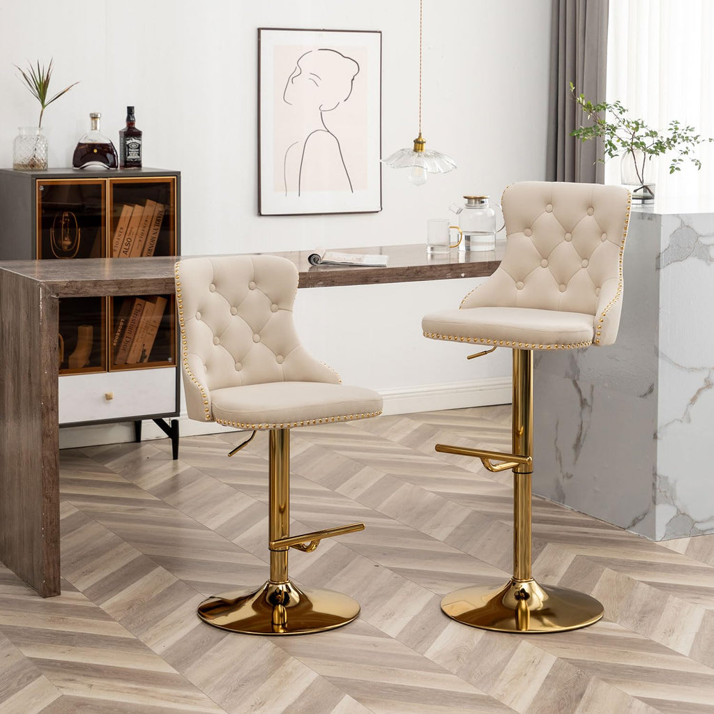 Velvet Bar Stools Set of 2, Counter Height Bar Stools with Button & Nailheads Trim, Gold Swivel Barstools Island, Pub