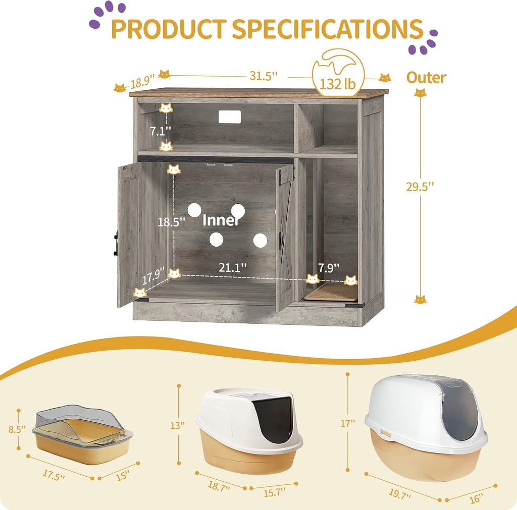 Cat Litter Box Enclosure, Hidden Litter Box Furniture with Storage