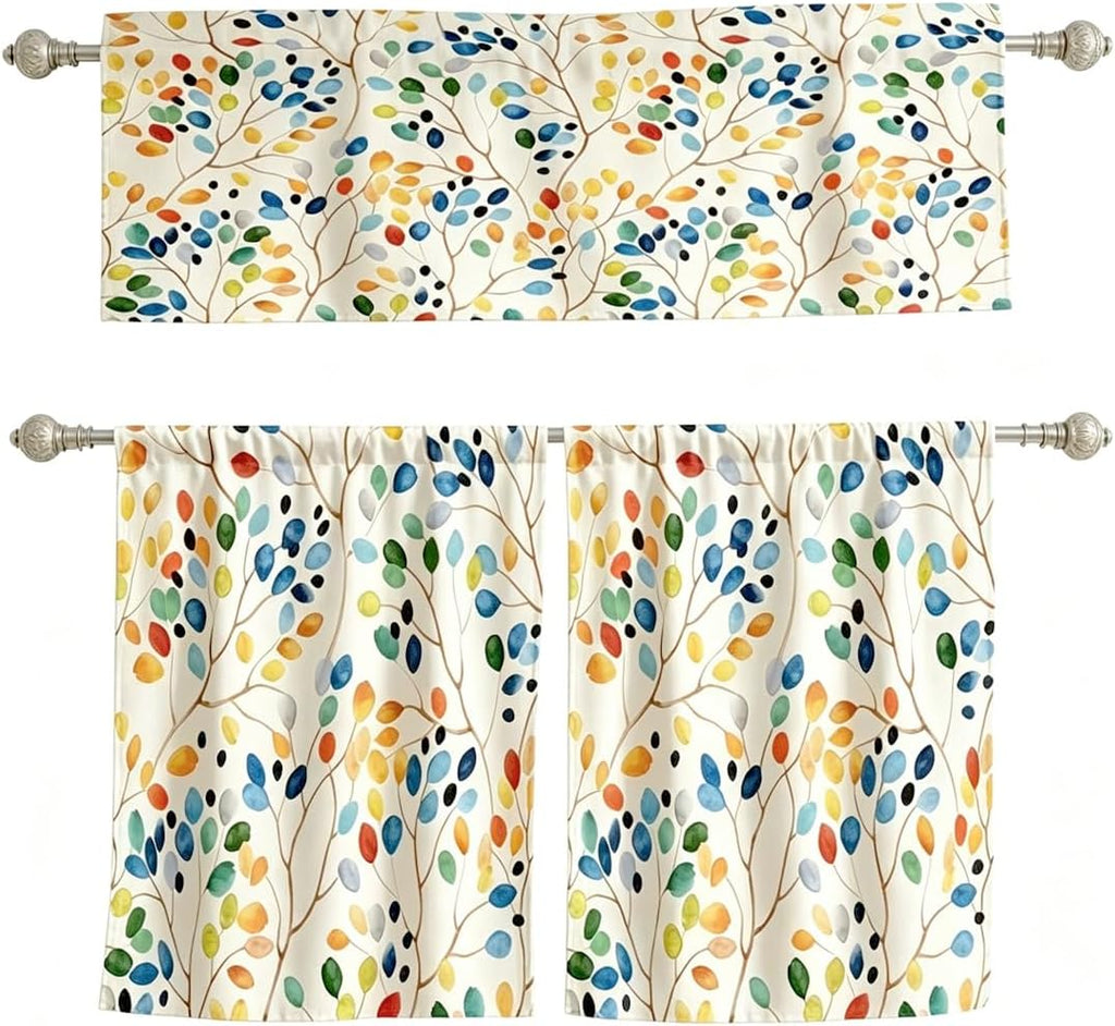 Colorful Kitchen Curtains Valance and Tiers Set Over Sink, 52x18 inch + 26x36 inch x 2, Cute Watercolor Floral Boho