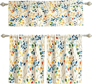 Colorful Kitchen Curtains Valance and Tiers Set Over Sink, 52x18 inch + 26x36 inch x 2, Cute Watercolor Floral Boho