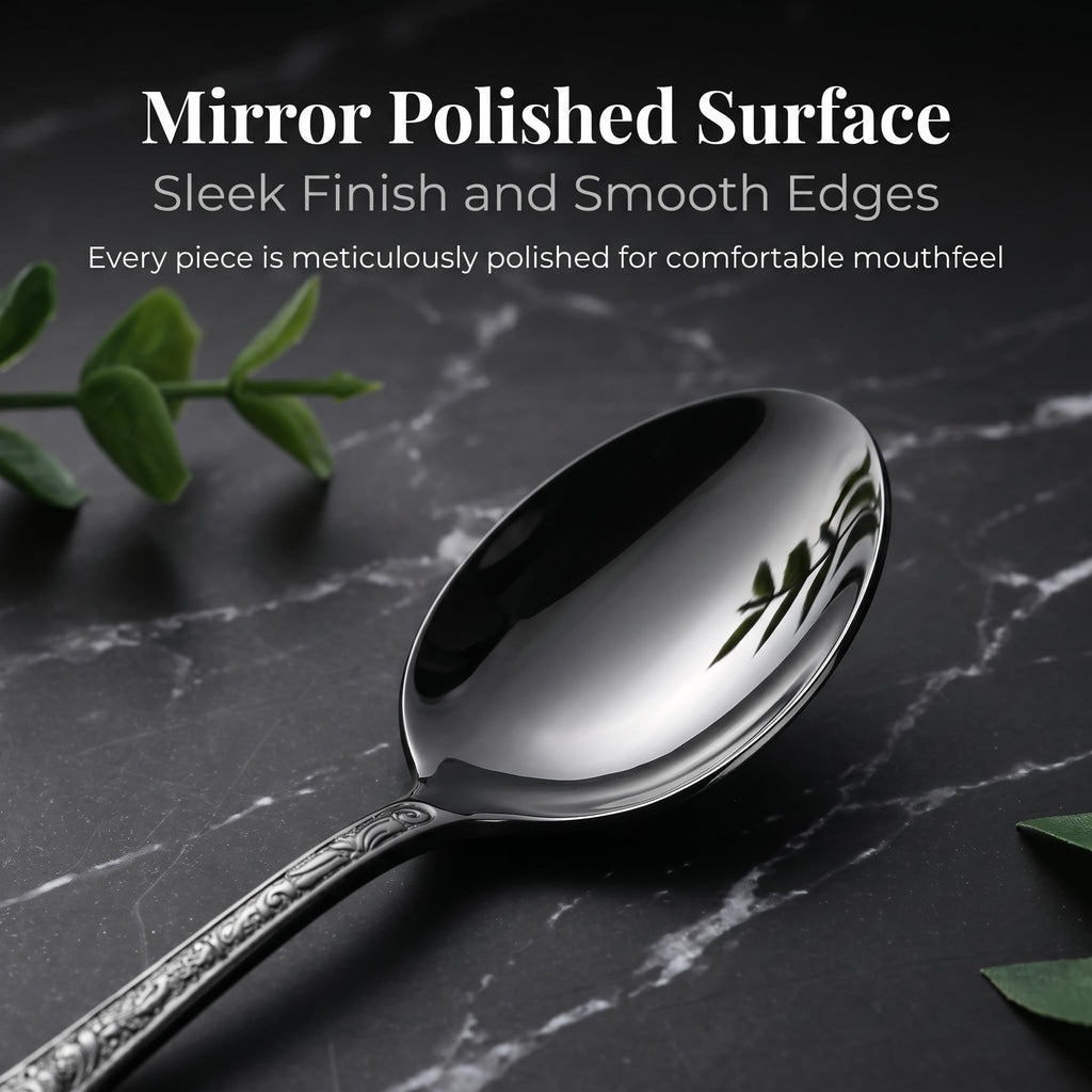 Black Silverware Set, 30 Pieces Vintage Carved Flatware Set for 6, Stainless Steel Cutlery Set with