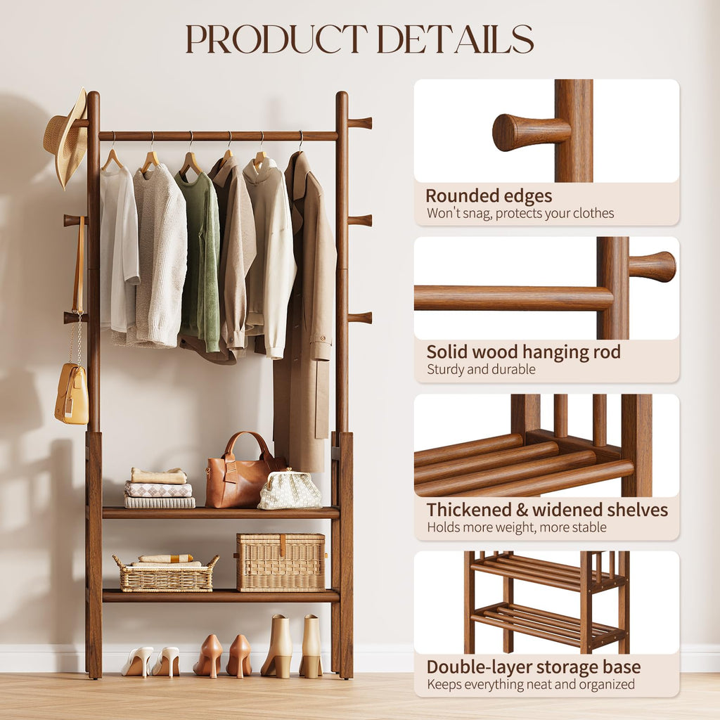 Solid Wood Clothing Rack with Shelves - Coat Rack Freestanding with 6 Hooks Load 450 Lbs, 3-in-1 Hall Tree for