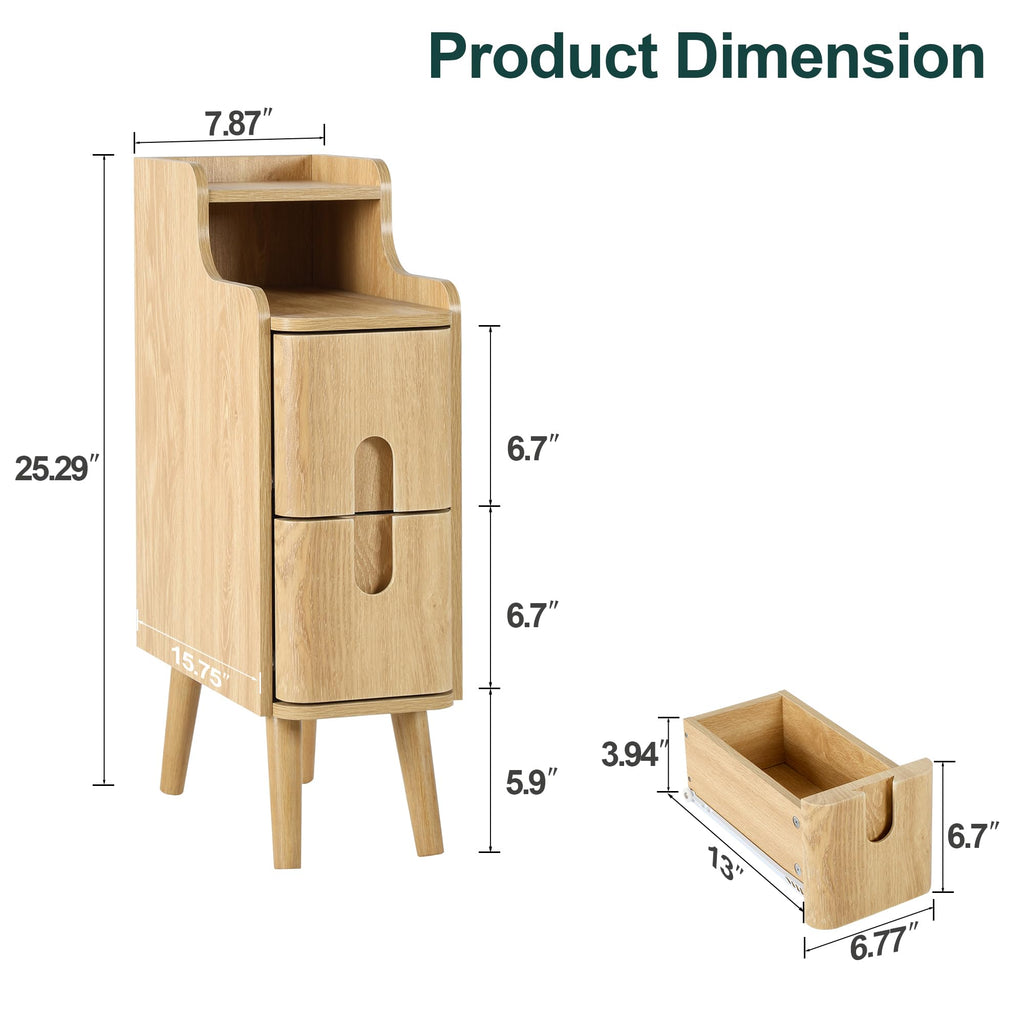 Narrow Nightstand, Wooden 2 Drawer, Natural, Set of 2