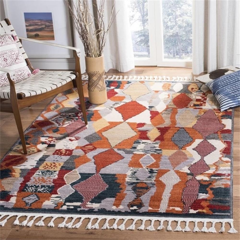 Farmhouse Collection Orange / Navy FMH853P Boho Moroccan Tribal Tassel Area Rug