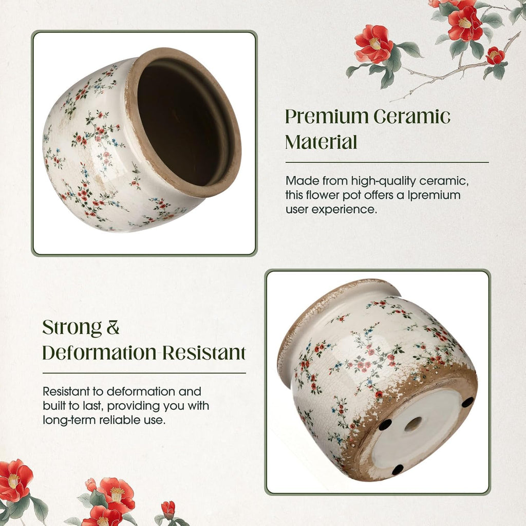7.7" Large Ceramic Plant Pot Beige Red Cottage Rose Crackle Glaze Rustic Flowers Pot Decorative Planter with Drainage