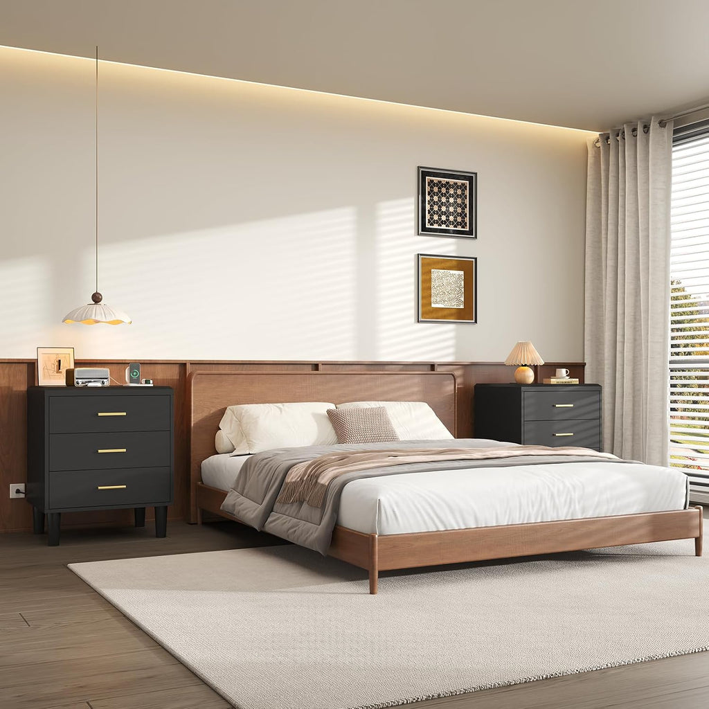 Nightstand with Charging Station, 3 Drawers Bedside Table with Solid Wood Legs, UL Certified Power Outlet End Table