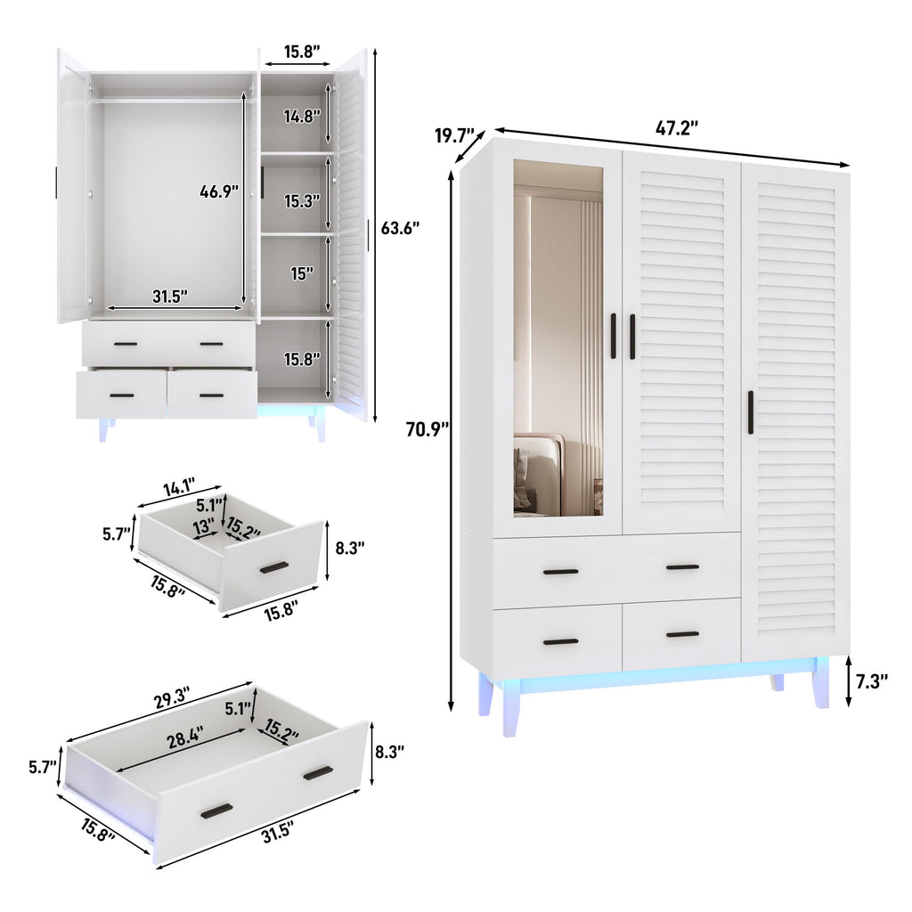 3 Door Armoire Wardrobe Closet Cabinet with Drawers and LED Lights, Multi-Tier Shelves, Hanging Rod & 3 Louver Doors