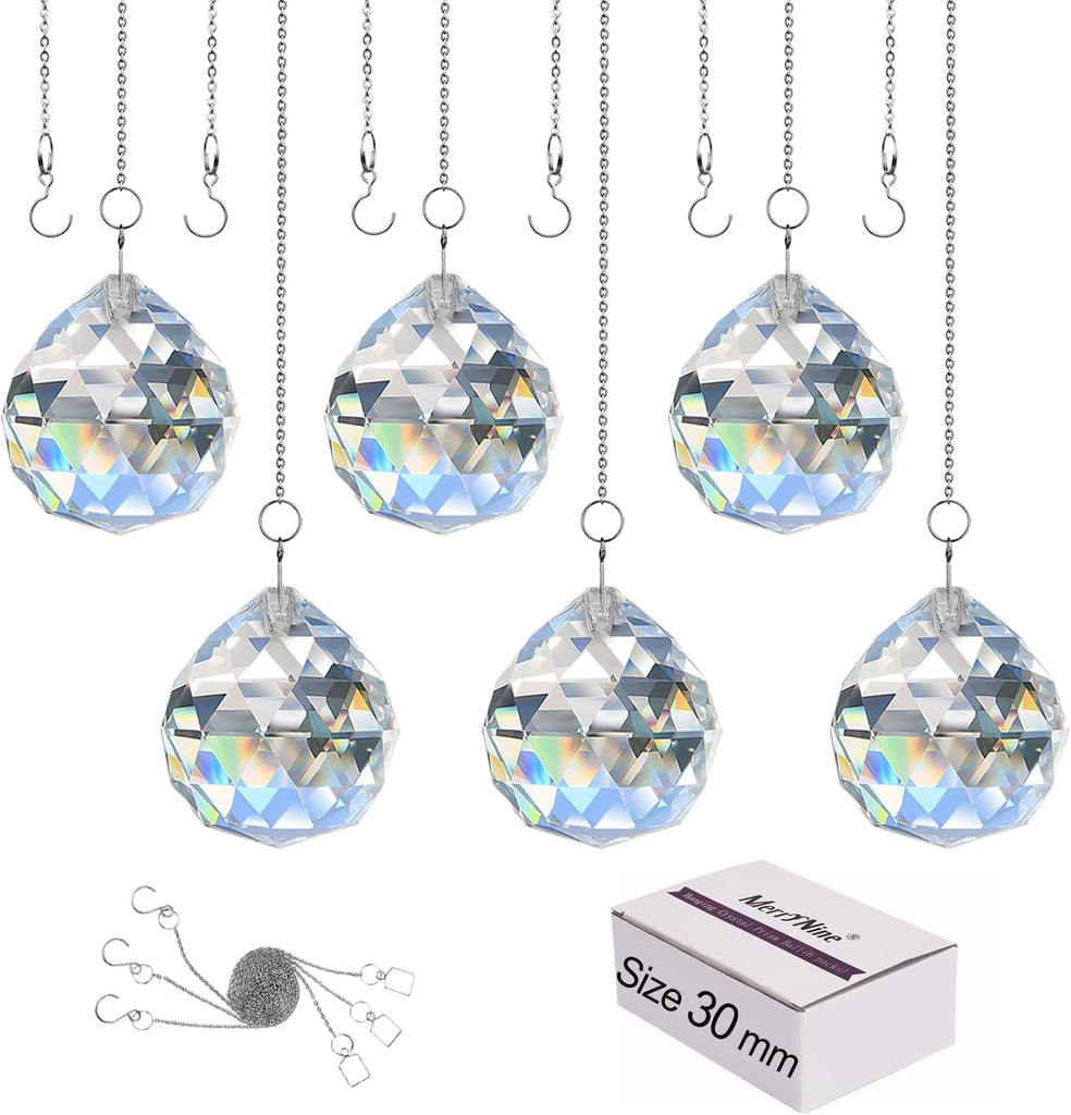 Clear Crystal Sun Catcher Suncatcher Prism Ball with Metal Chains - 6 Pack, 1.18"/30mm, Rainbow Pendant Maker
