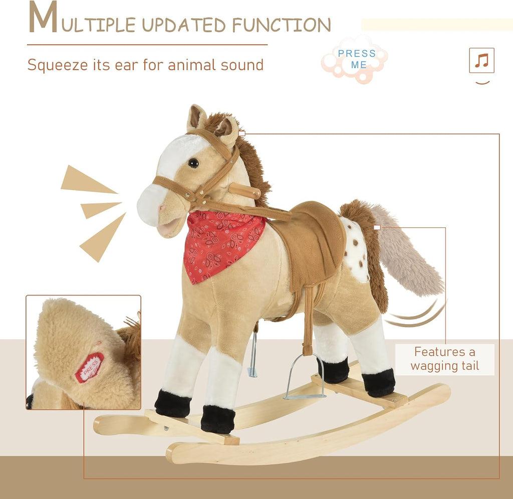 Kids Plush Ride-On Rocking Horse Toy with Fun Realistic Sounds Beige