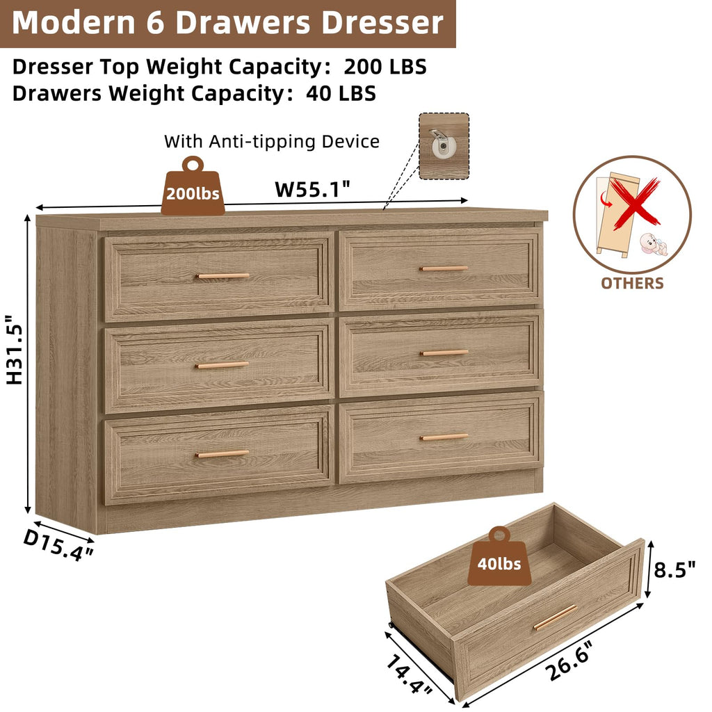 55.1" Wide Farmhouse 6 Drawers Dresser, Oak