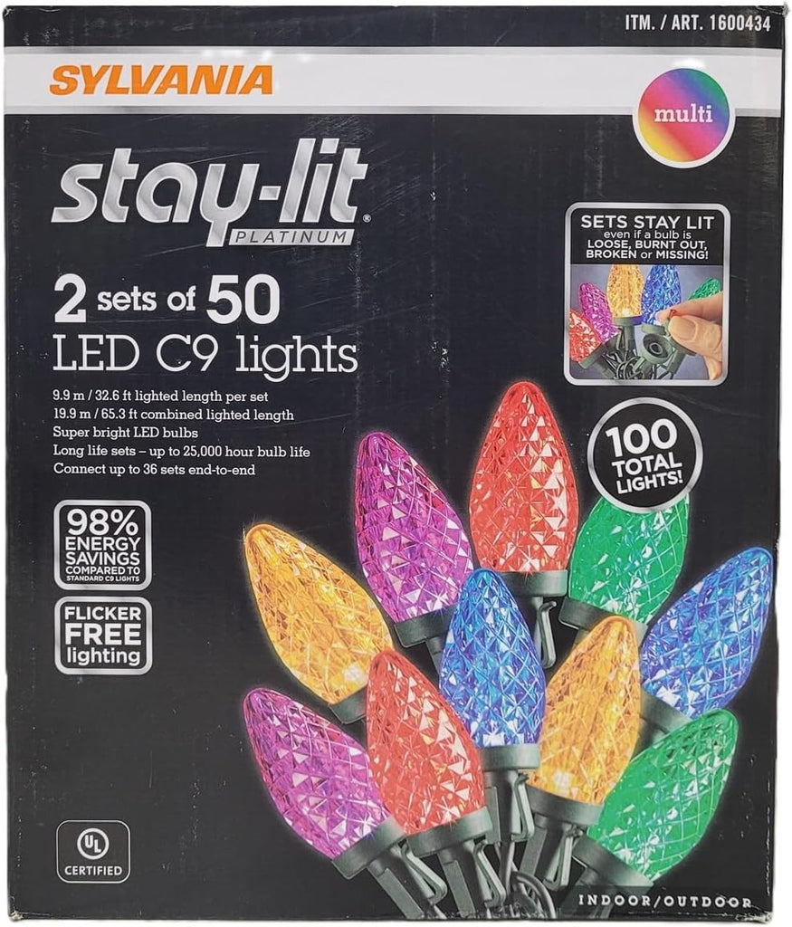 Stay-Lit Platinum Strings Christmas Lights - LED C9 Multi Color Lights - (2 Strings of 50 Lights)