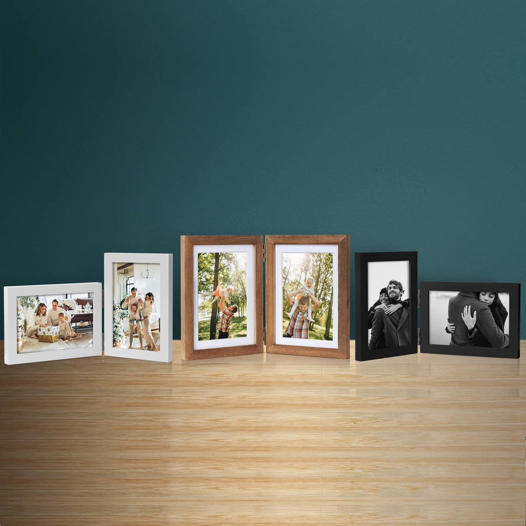 4x6 Double Horizontal Hinged Picture Frame Folding Photo Frame in Distressed Farmhouse Wood Grain Pine Wood with Real