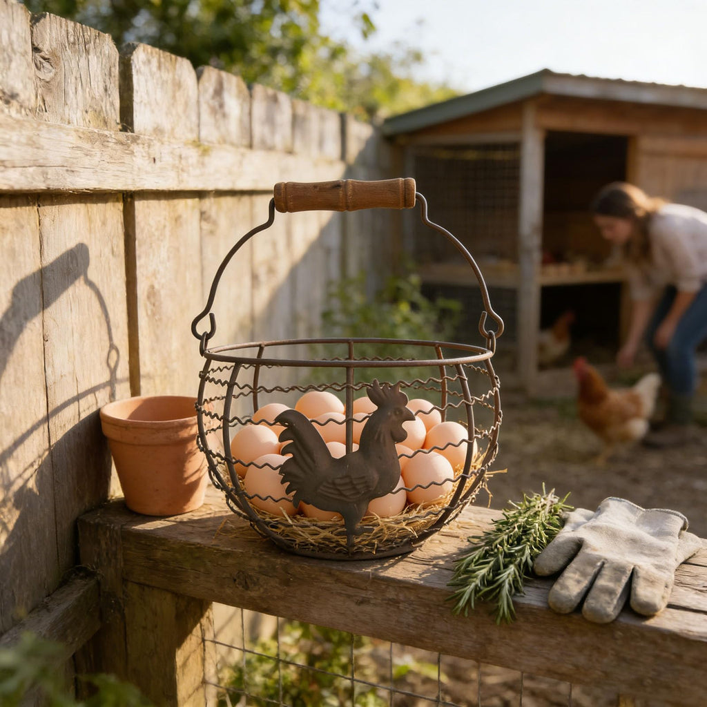 Wire Egg Basket for Gathering Fresh Eggs, Rustic with Rooster & Wood Handle