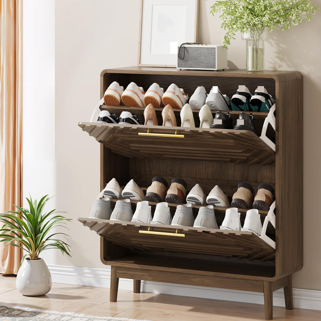 Shoe Cabinet with Fluted Flip Drawers, 31.5" w Narrow Shoe Storage Cabinet, Hidden Freestanding Shoe Organizer Rack