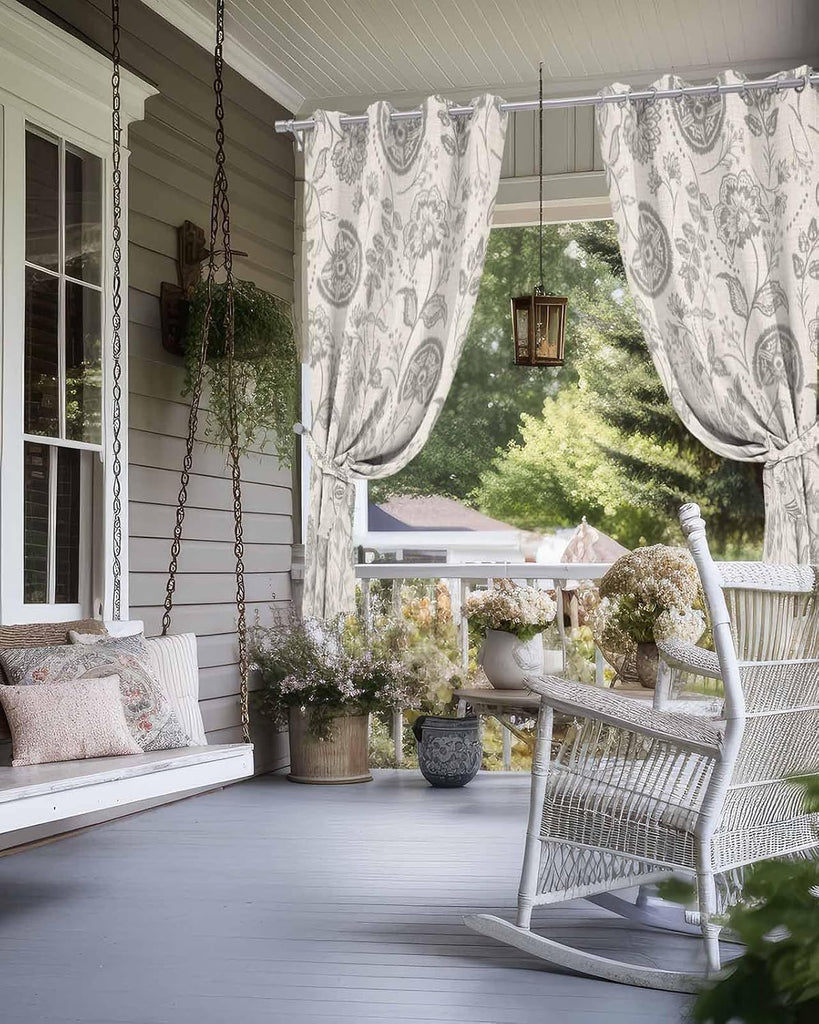Outdoor Curtains Waterproof, Farmhouse Light Grey Floral Linen Boho Paisley Flower Rustic Grommet Weatherproof