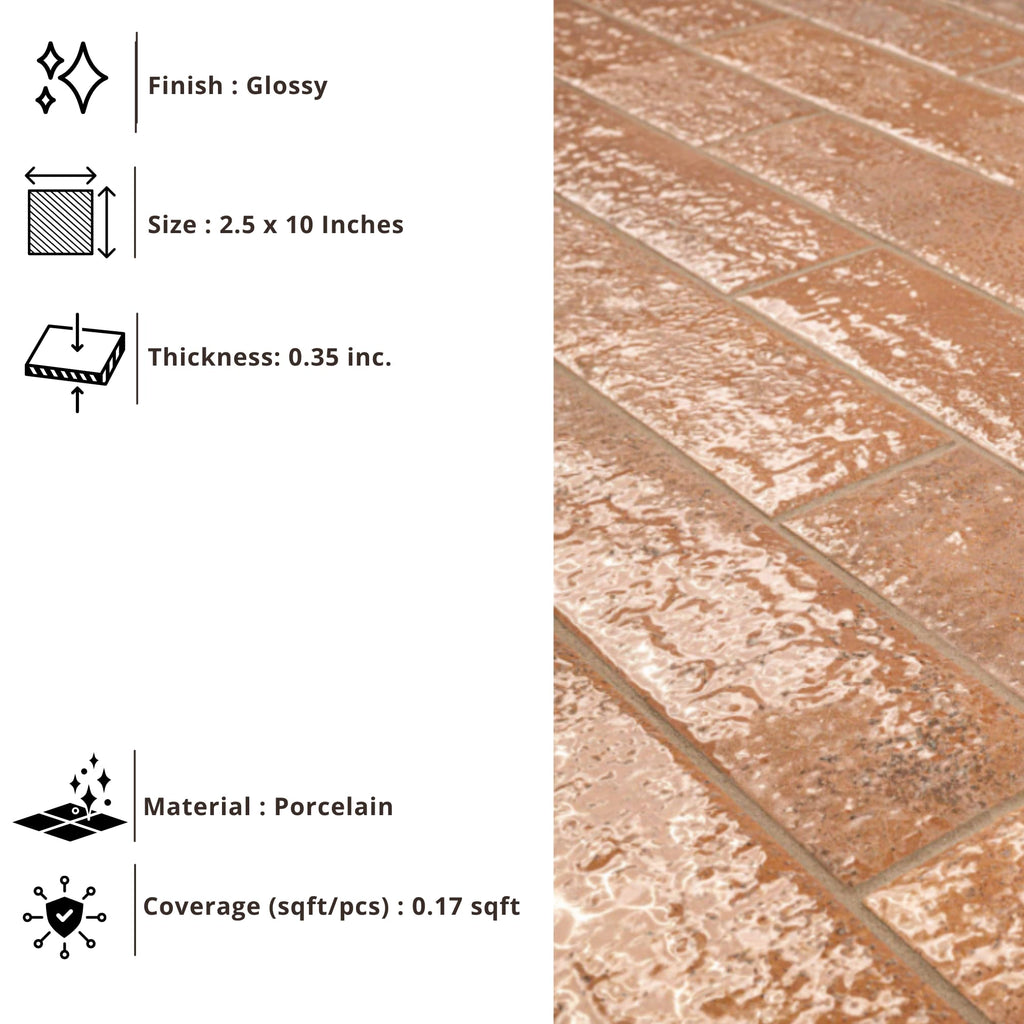 2.5x10 Terracotta Handmade Look Glossy Tile-50 Pieces