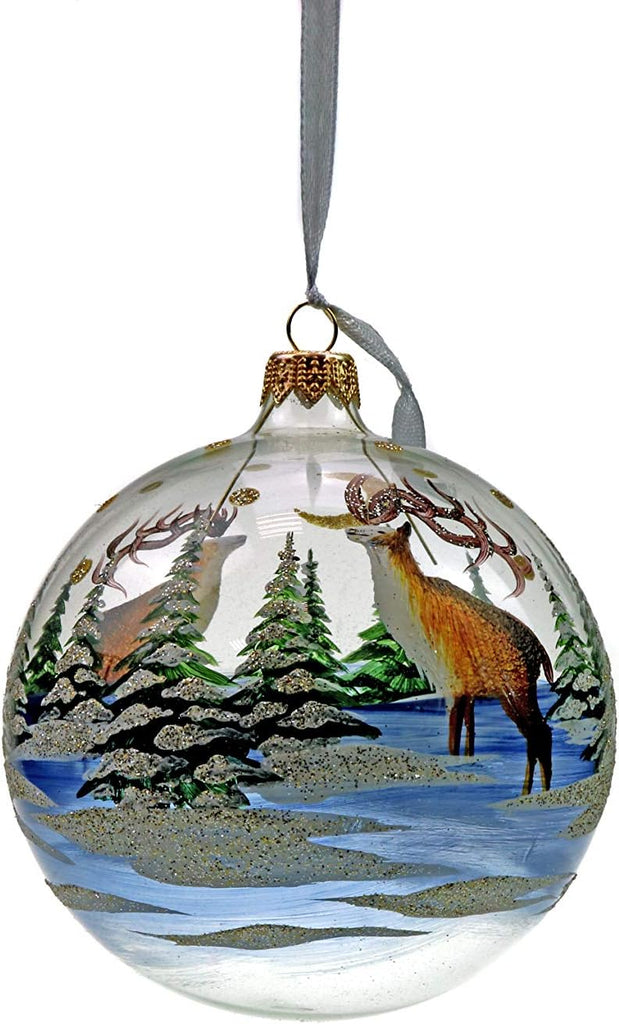 4" Christmas Tree Glass Ball, Christmas Motives on a Transparent Background Hand-Painted by Skilled Artisian, Set of