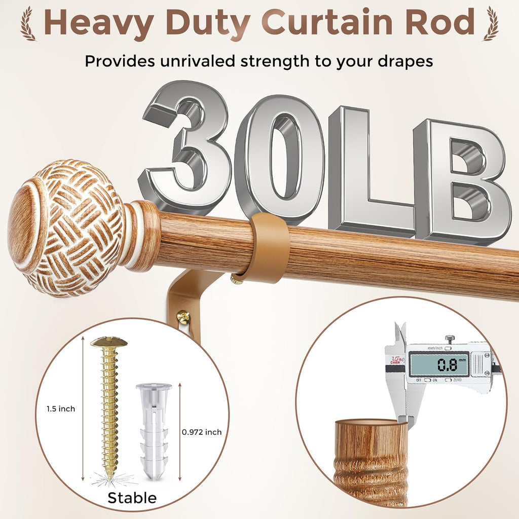 Boho Curtain Rods for Windows, Decorative 1'' Diameter Heavy Duty Adjustable Rustic Farmhouse Drapery