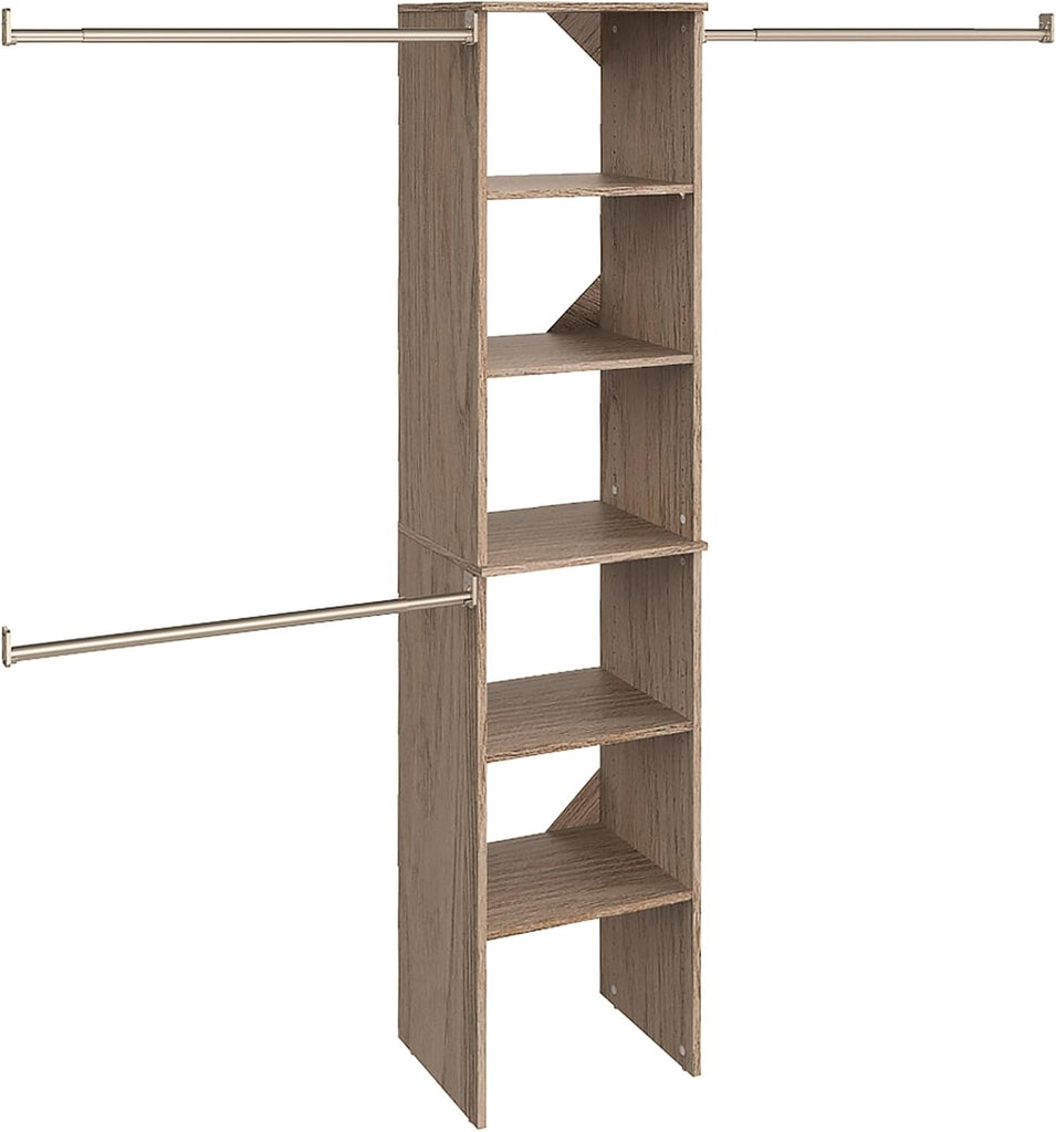 SuiteSymphony Wood Closet Organizer Starter Kit with Tower and 3 Hang Rods, Shelves, Adjustable, Fits Spaces 4 - 9