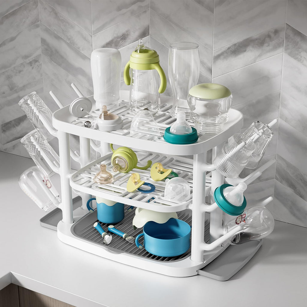 Baby Bottle Drying Rack,3-Tier Large Capacity Countertop Organizer with 360° Ventilation, Removable Drip Tray
