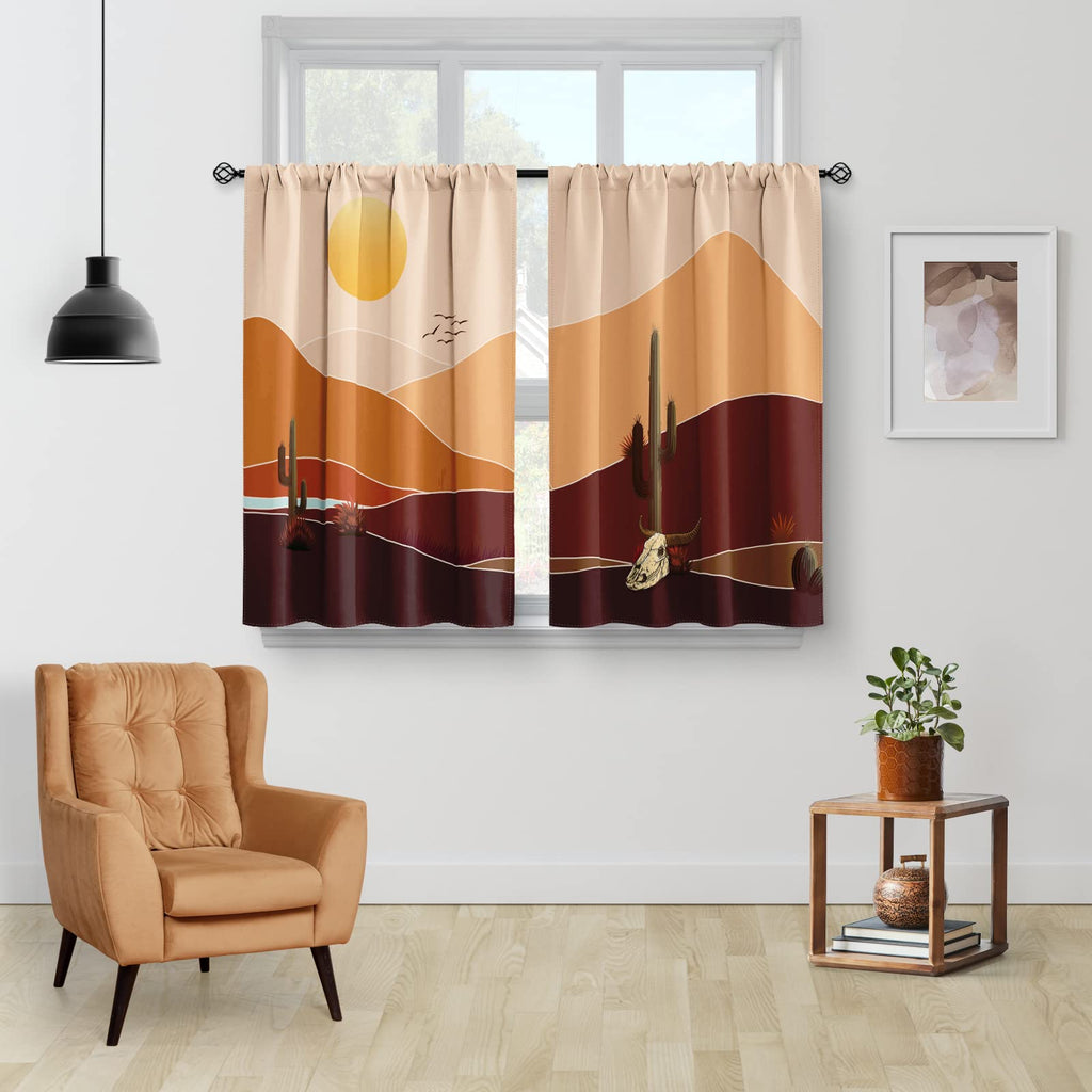 Boho Mountain Cactus Kitchen Curtains - Minimalist Abstract Mid Century Modern Sunset Plant Art Short Tier Curtains