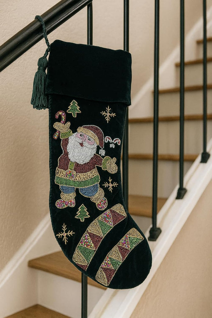 Luxury Green Velvet Christmas Stocking with Beaded Santa Claus Embroidery, Handmade Holiday Stocking with Tassel