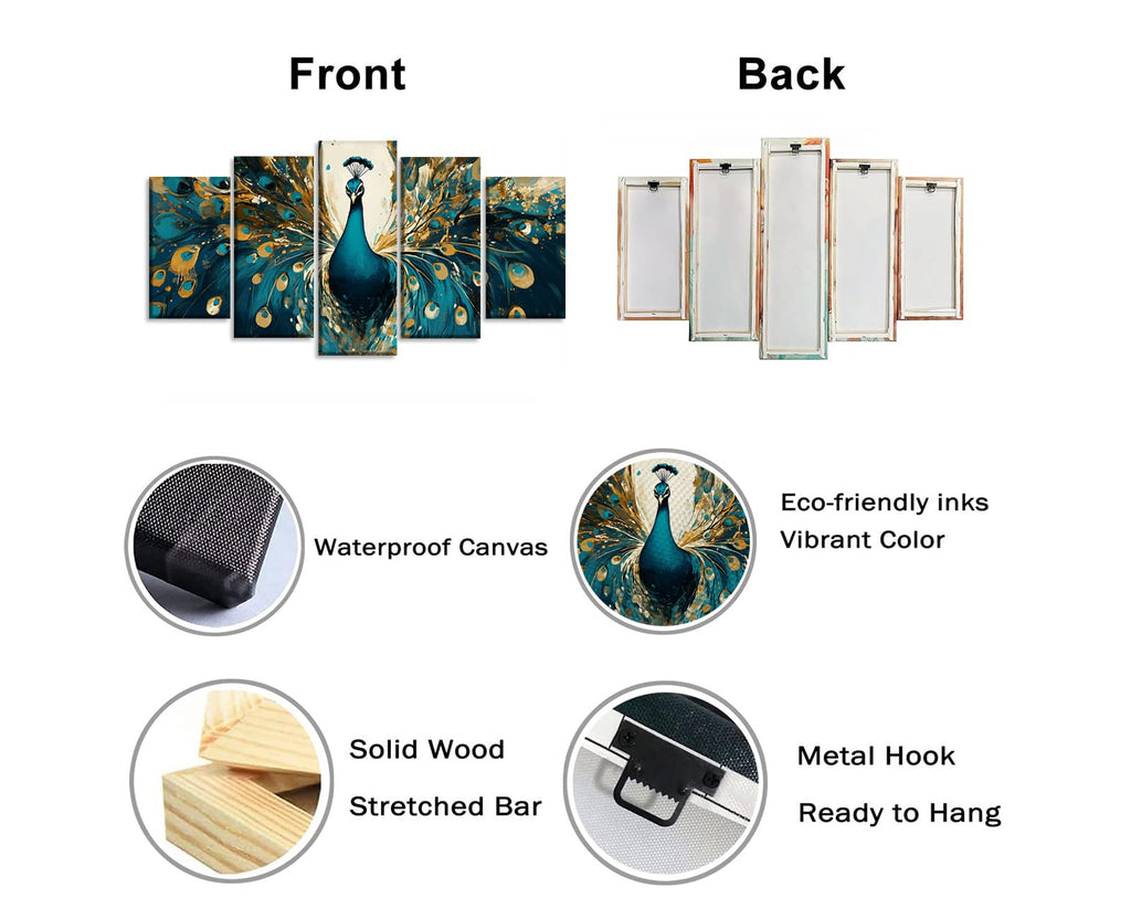 Peacock Wall Art 5 Piece Green and Gold Peacock Picture Canvas Prints Animal Painting Prints Modern Artwork Wall