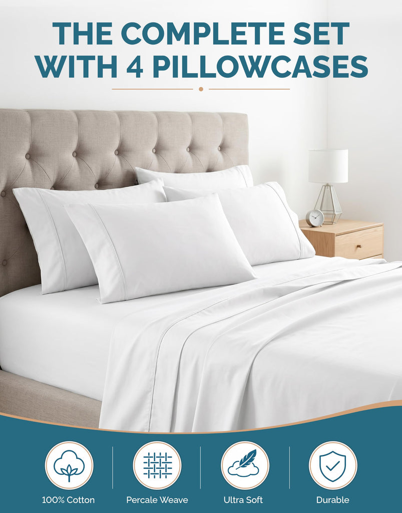 Sheets Set -100% Cotton Sheets with 4 Pillowcases, Lightweight Feel & Secure Fit, Crisp & Breathable