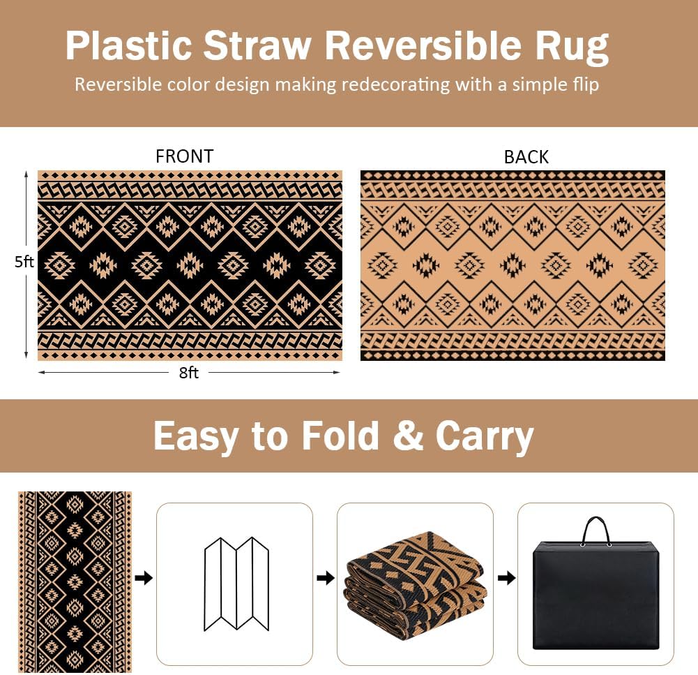 Outdoor Rug Waterproof Patio Rug Plastic Rug Black & Brown