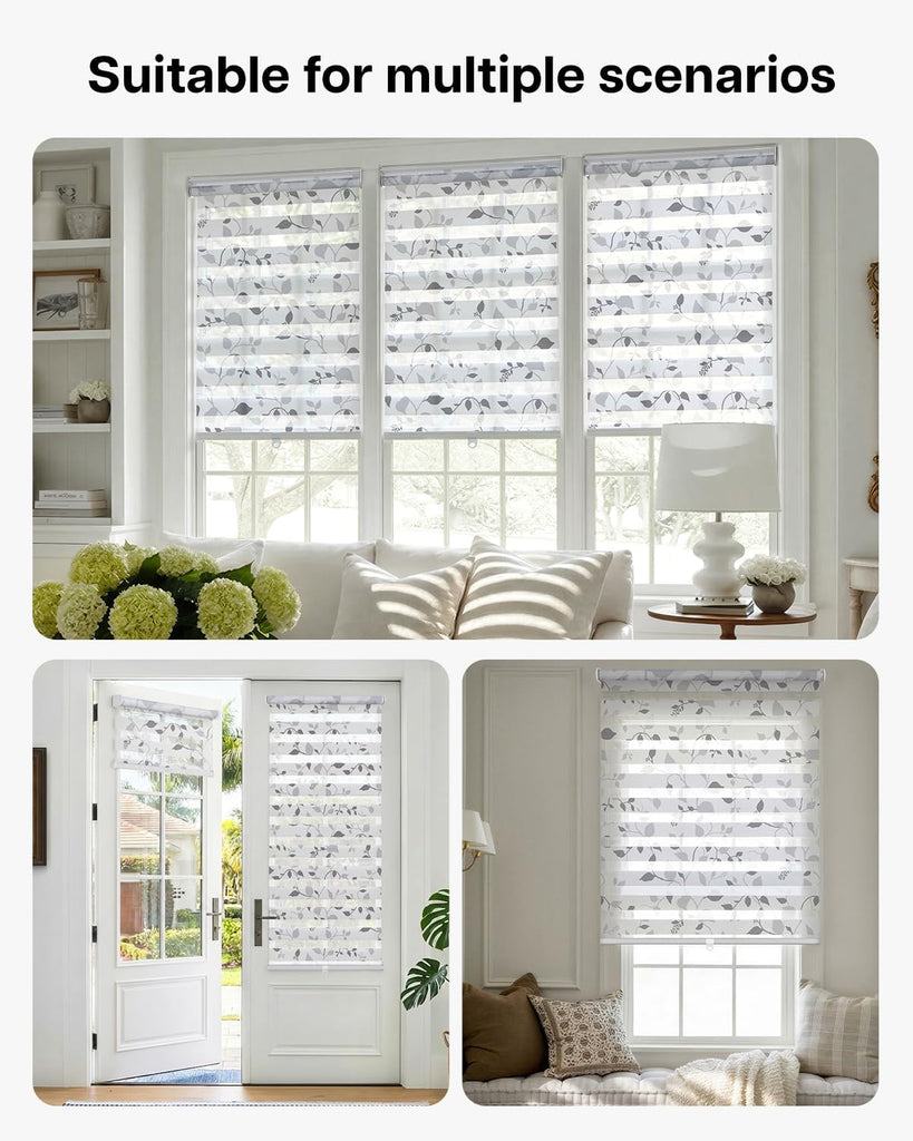 Cordless Zebra Blinds for Windows, Foggy Laurel, 27" W x 72" H | Patterned Dual Layer Free-Stop Roller Shades for