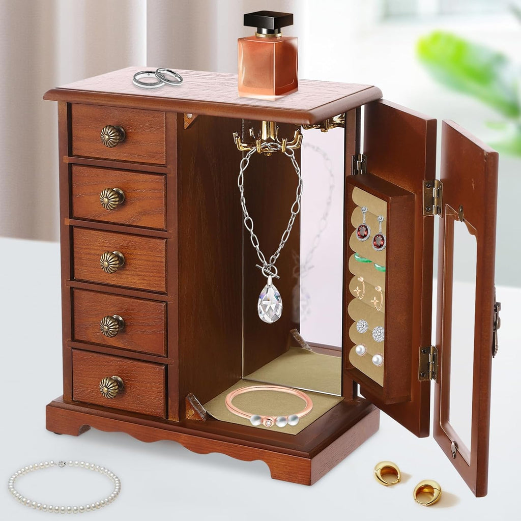 Wooden Jewelry Box with 5 Drawers, Vintage Jewelry Organizer, Large Storage Space Women Desktop Jewelry Storage Box