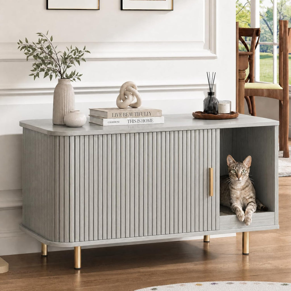 Cat Litter Box Enclosure with Scratch Pad, Sliding Door, 38.5" Cat Litter Furniture Hidden Litter Box Cabinet, Modern