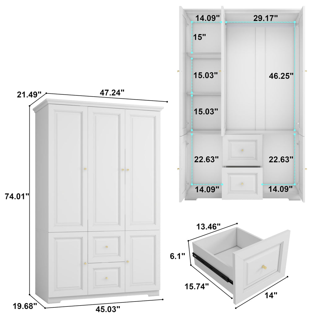 White Armoire Wardrobe Closet with 2 Drawers: 75" H x 47" W