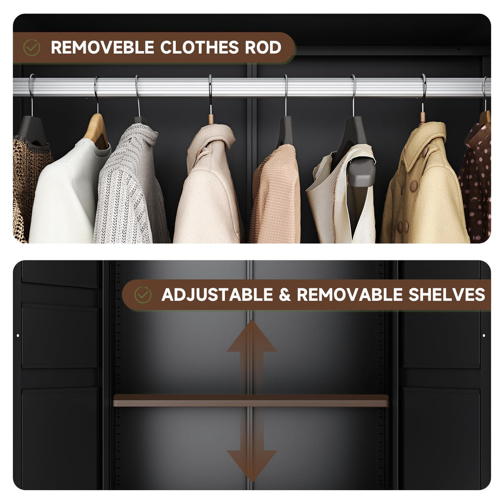 Metal Armoire Wardrobe Closet with Drawers, Clothing Storage Cabinet with Doors and Shelves, Coat Closet with Hanging