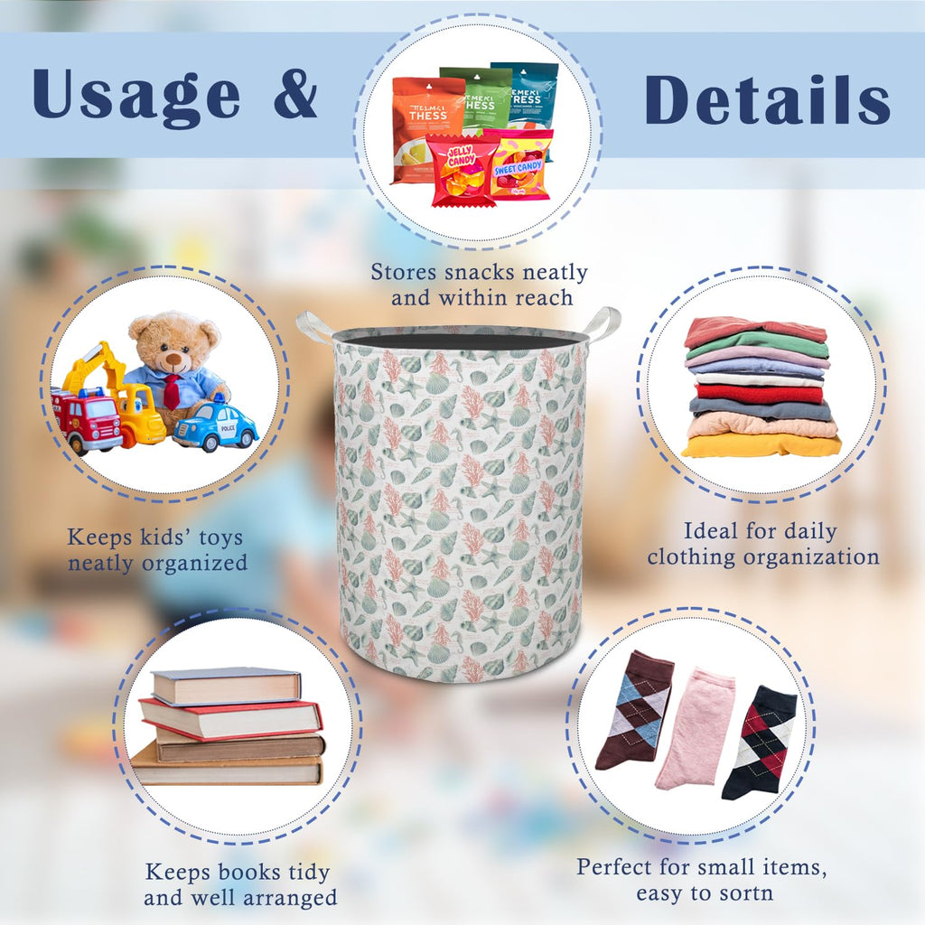 Coastal Beach Laundry Basket Hamper, Ocean Nursery Decor, Blue Seahorse Seashell Starfish Coral Foldable Clothes Toys