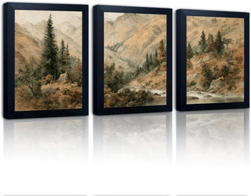 Framed Landscape Mountain Painting Autumn Forest Wall Art 3 Piece Nature Canvas Print Vintage Fall Picture Artwork