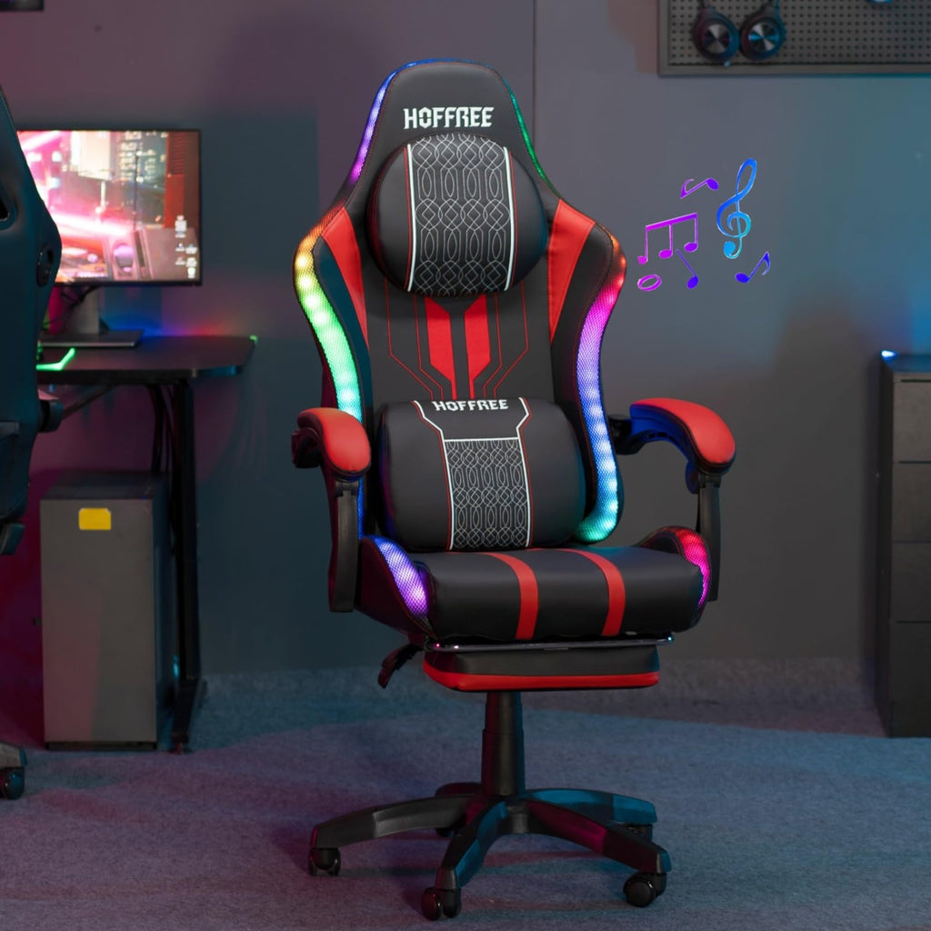 Gaming Chair with LED Lights Speakers Massage Big Tall Computer Chair-Red