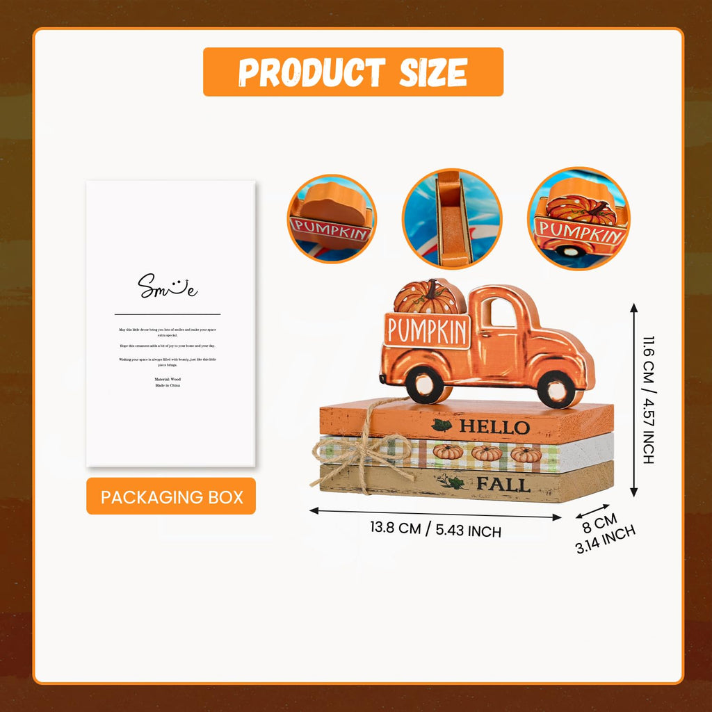 Smile Fall Wooden Decor Signs, Truck Pumpkin HELLO FALL PUMPKIN Tiered Tray Tabletop Signs for Autumn Harvest