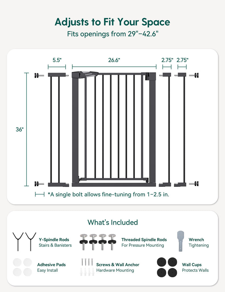 29-43" Baby Gate for Stairs, 36" Tall,, Black
