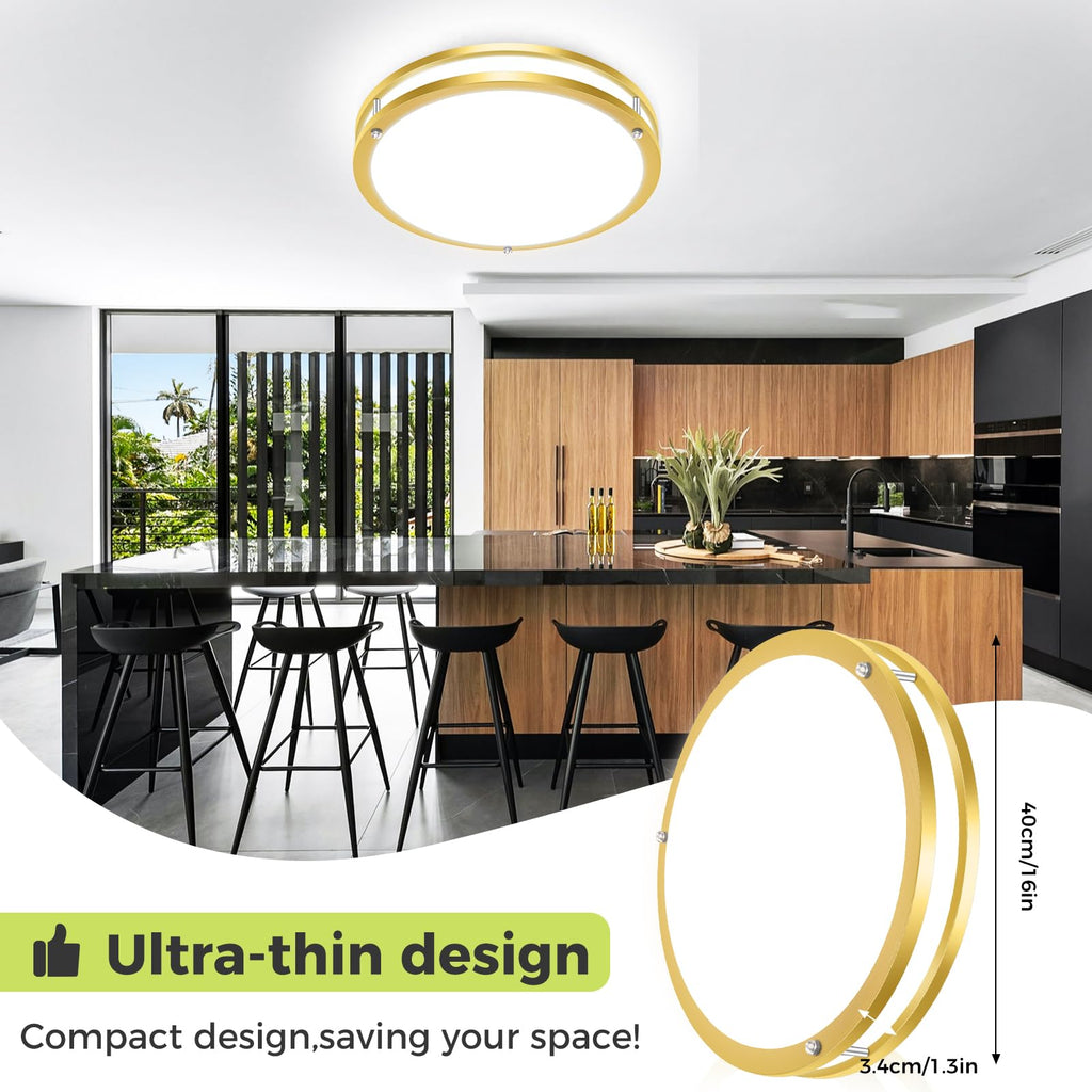 2 Pack Flush Mount Ceiling Light Fixture, Dimmable & 5Color Temperatures Ceiling Light Gold, 16inch 36W 3000K 3500K