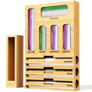 9 IN 1 Bamboo Foil and Plastic Wrap Organizer Drawer, Plastic Bag Organizer Organization and Storage, Food Storage