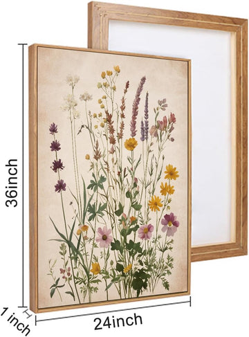 Vintage Wildflower Watercolor Framed Canvas Wall Art Set, Retro Flower Botanical Wall Decor, Colorful Floral Wall