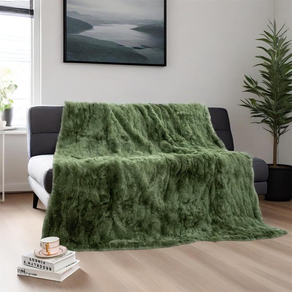 Rex Rabbit Fur Throw Blanket for Couch Bed, Olive Green, 55x78.7in | Luxury Rex Rabbit Skin Hide Large Blanket for